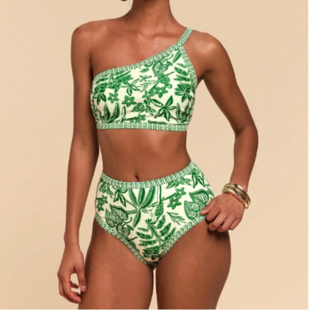 Travachic Women's Plant Print Asymmetrical Collar Bikini Set, Women